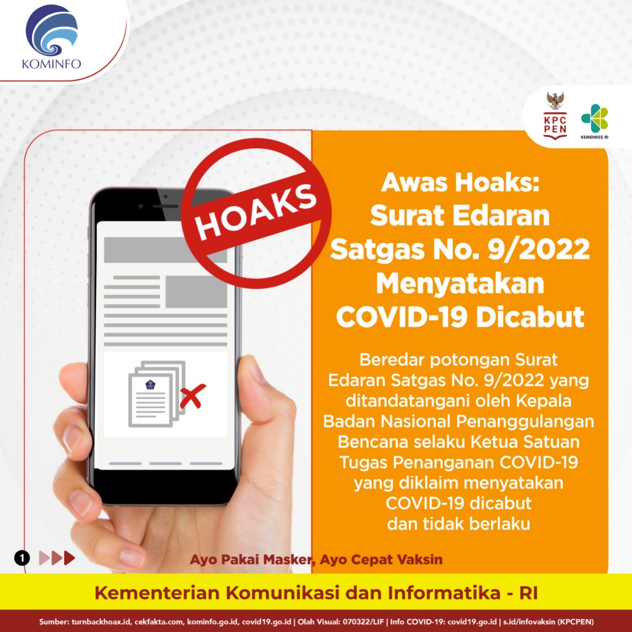 Hoaks: Surat Edaran Satgas No. 9/2022 Menyatakan COVID-19 Dicabut