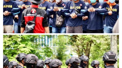 Satbrimob Polda Sumsel Lakukan Pengamanan Aksi Demo Peringatan May Day oleh  Ratusan Buruh  Di Gedung DPRD Sumsel