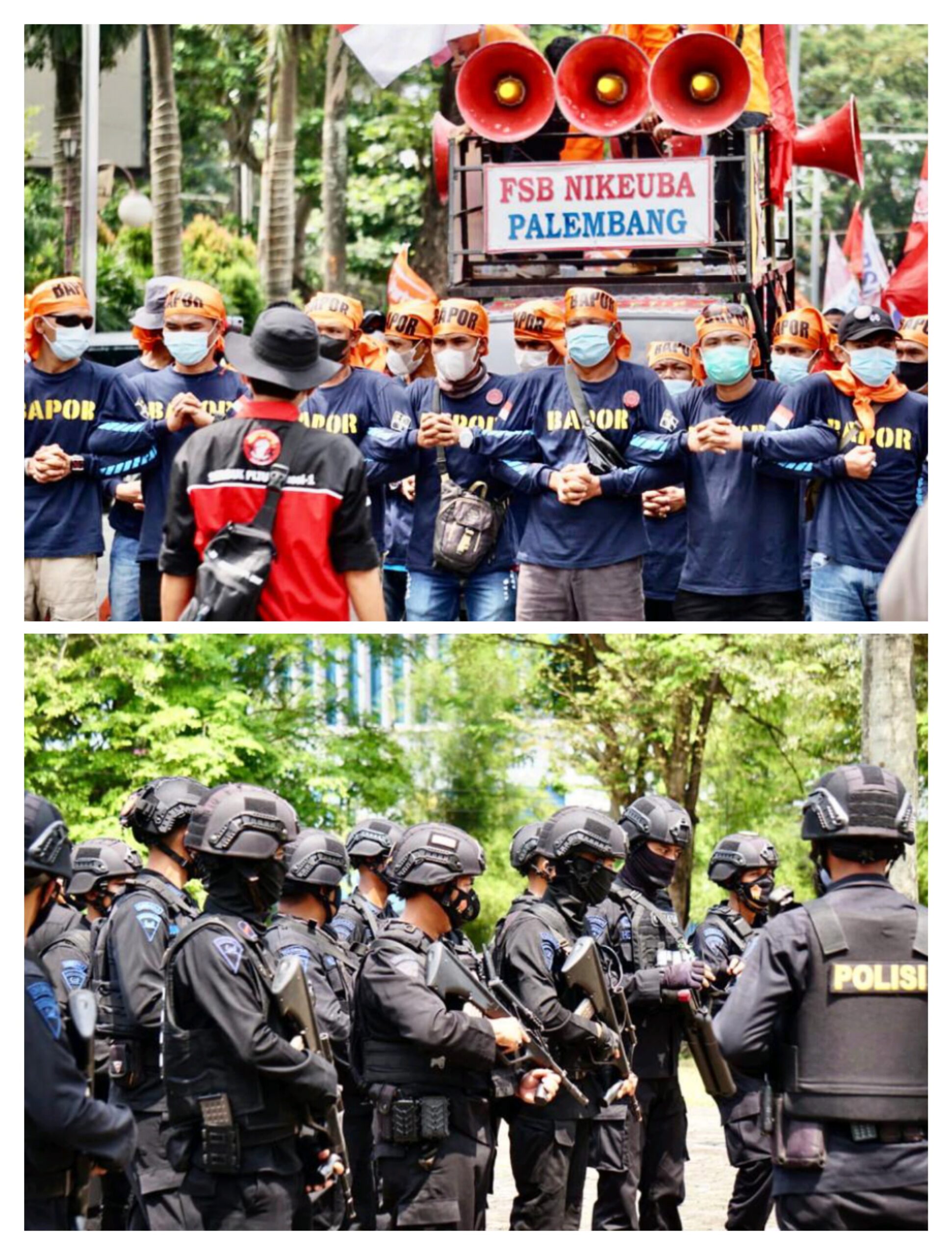 Satbrimob Polda Sumsel Lakukan Pengamanan Aksi Demo Peringatan May Day oleh  Ratusan Buruh  Di Gedung DPRD Sumsel