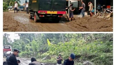Akses Jalan Di Oku Selatan Tertutup Material Longsor, Personel Brimob Sumsel Bersama Unsur Terkait Terus Berupaya Buka Jalur