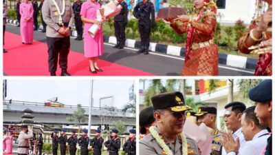Personel Brimob Dan Jajaran Polda Sumsel Sambut Kedatangan Irjen Pol. Albertus Racmad Wibowo S. I. K Sebagi Kapolda Sumsel