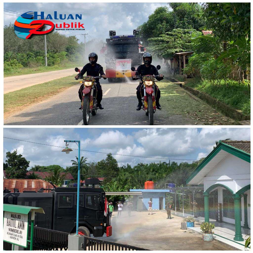 Gunakan Kendaraan Taktis, Brimob Sumsel Semprotkan Desinfektan Sebagai Upaya Pencegahan Covid 19 Di Kabupaten PALI