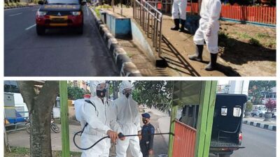 Brimob Sumsel Gencar Lakukan Penyemprotan Disinfektan Di Kota Palembang Untuk Cegah Penyebaran Covid-19