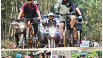 Bersepeda, Dansatbrimob Dampingi Kapolda Sumsel Bagikan Sembako Untuk Warga