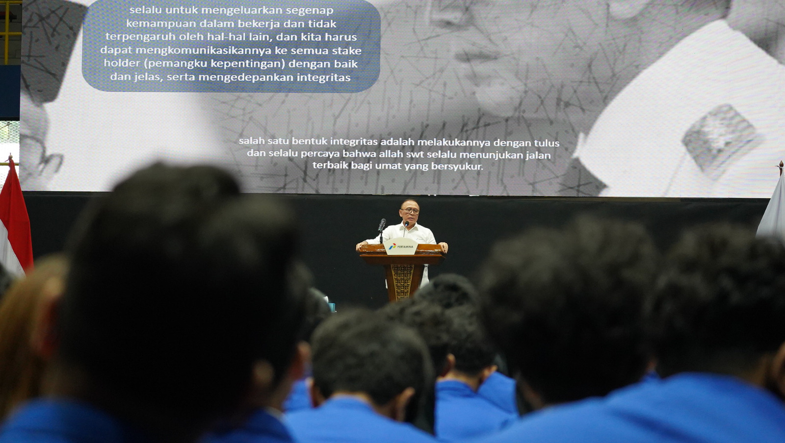 Pemaparan dari Komisaris Utama Pertamina, Moch. Iriawan, di Kegiatan Pelantikan Mahasiswa Baru Universitas Pertamina T.A. 2025/2026 di GOR Arena Simprug, Jakarta (15/9/25).